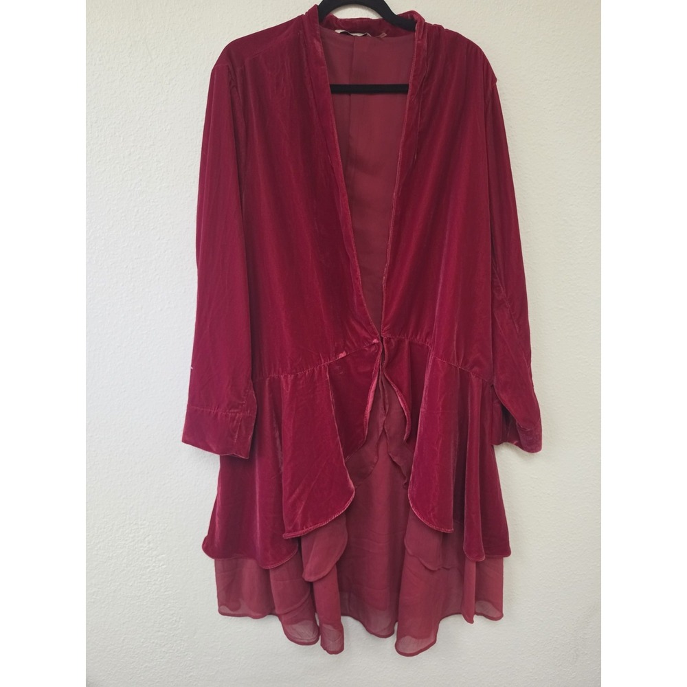 Soft Surroundings Red Velvet Cardigan 1X Long Sleeve Wrap Front Tie Luxe Goddess